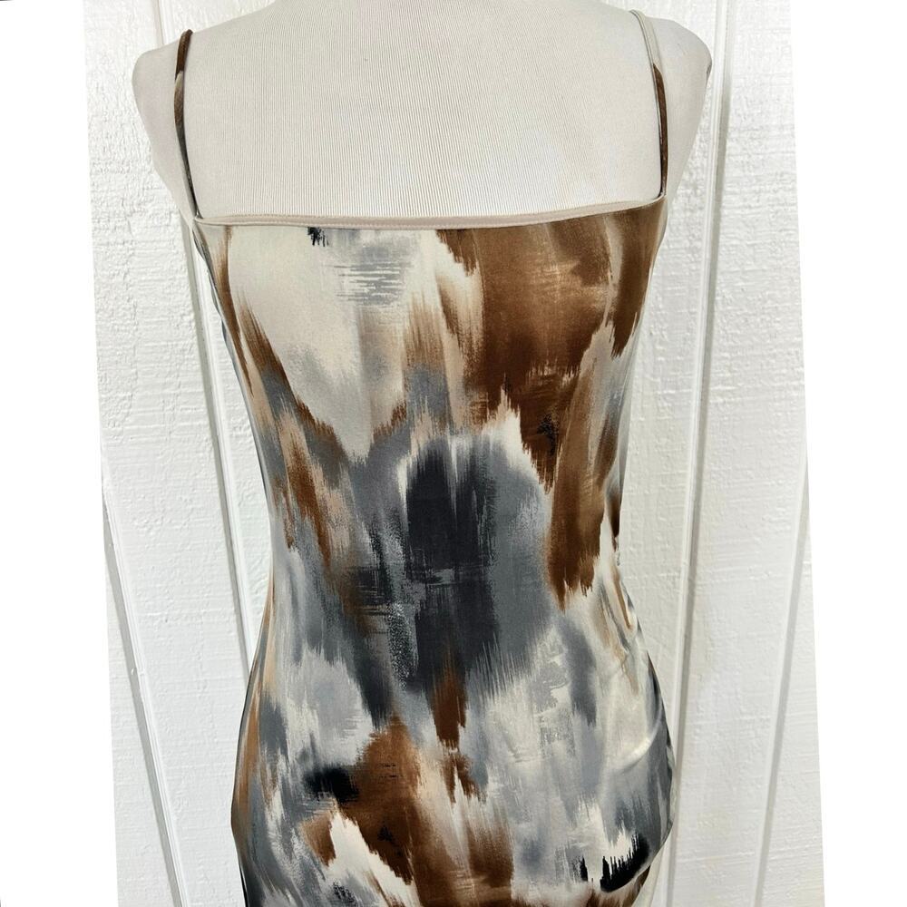 Windsor Abstract Print Bodycon Midi Dress M Brown Gray Ruched Asymmetrical Hem - Picture 2 of 6
